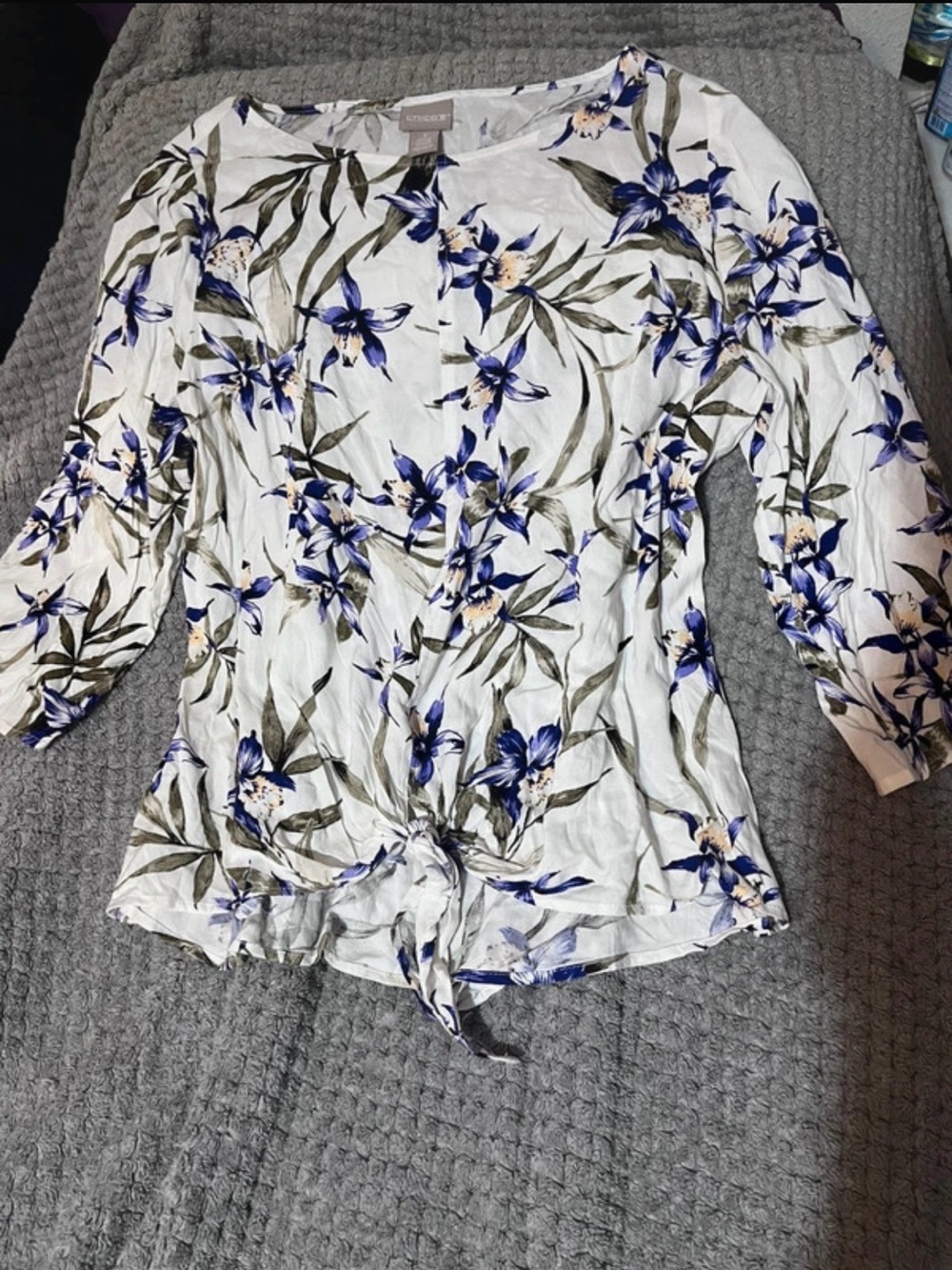 Chico’s Floral Tie-Front White & Blue Long-Sleeve Women's Top